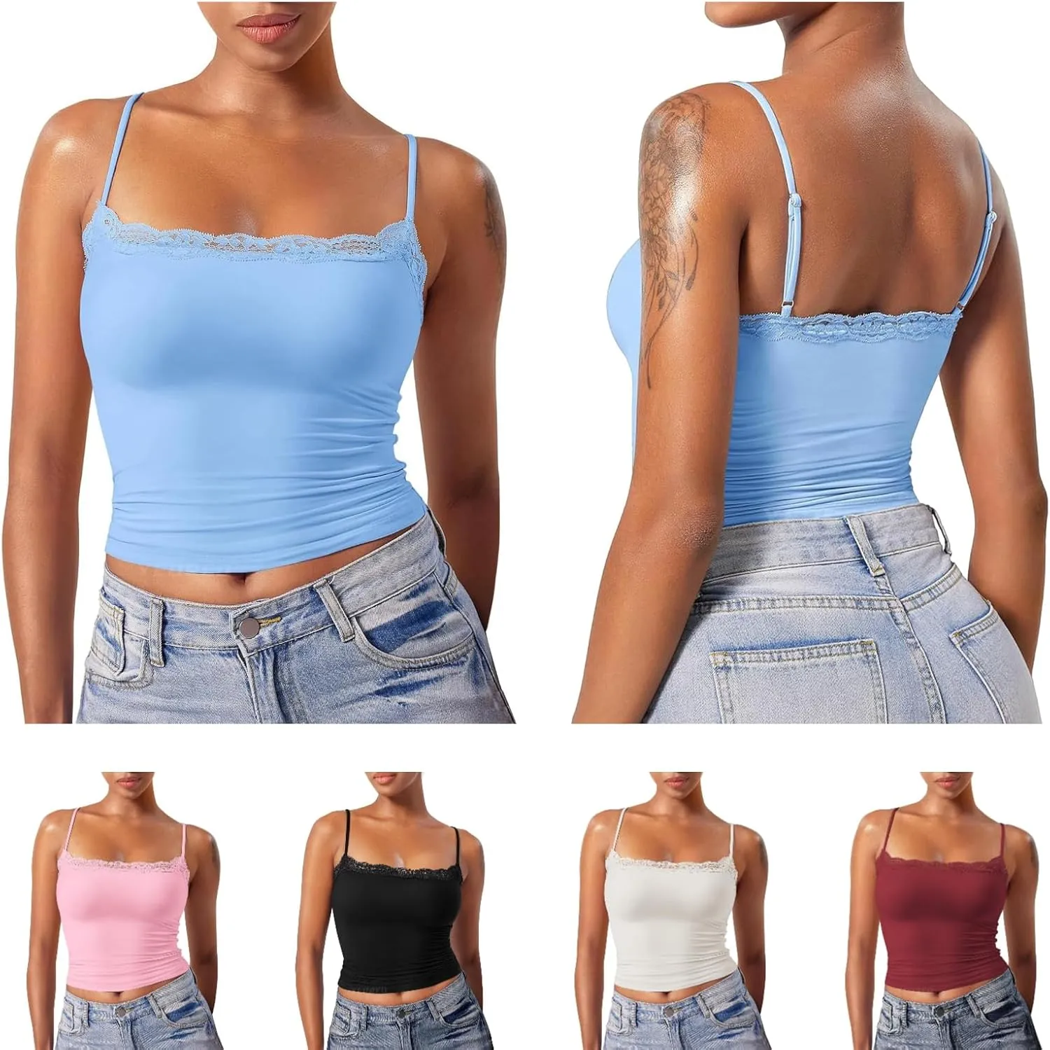 Camisole Tops for Women,Square Neck Lace Tank Tops Adjustable Spaghetti Straps Sleeveless Summer Outdoor Undershirt