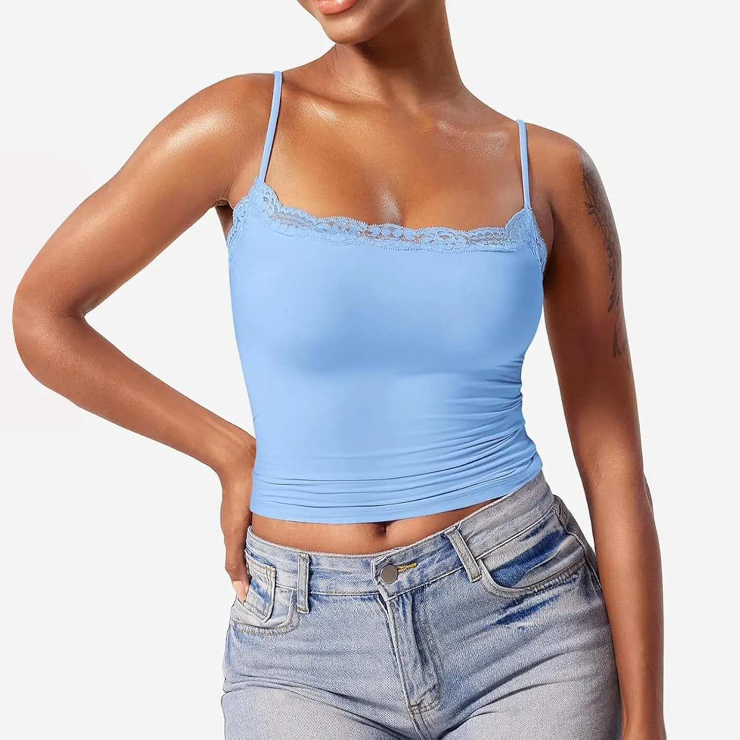 Camisole Tops for Women,Square Neck Lace Tank Tops Adjustable Spaghetti Straps Sleeveless Summer Outdoor Undershirt