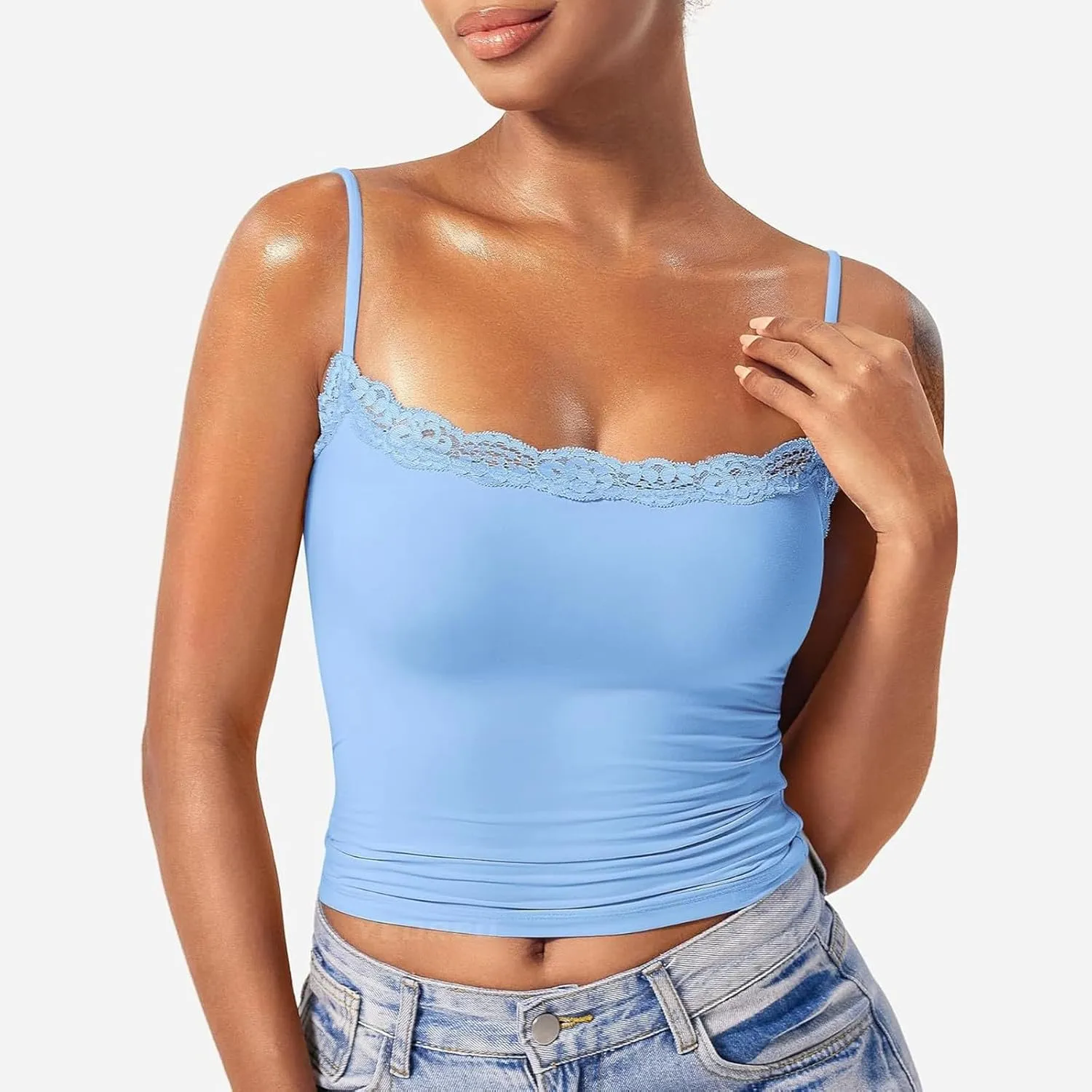 Camisole Tops for Women,Square Neck Lace Tank Tops Adjustable Spaghetti Straps Sleeveless Summer Outdoor Undershirt