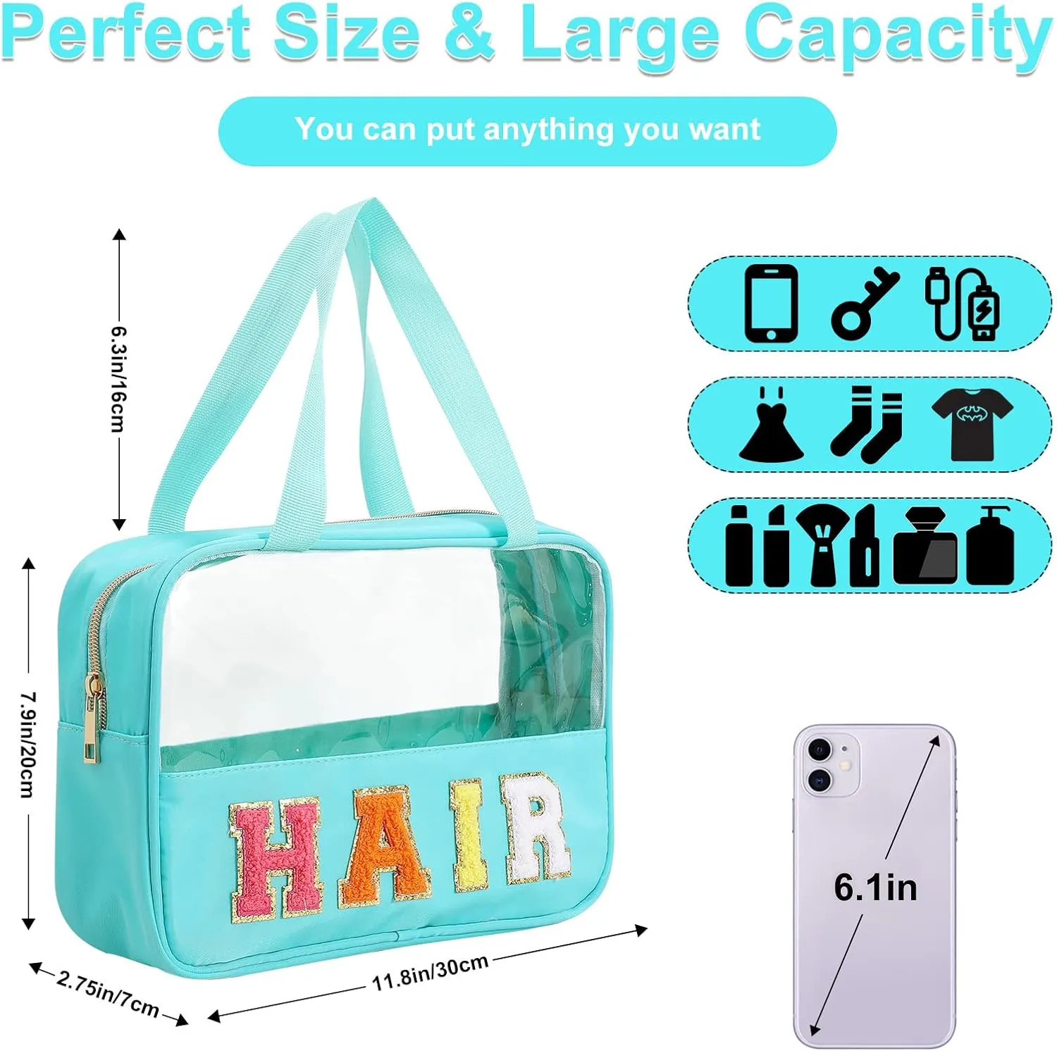 Chenille Letter Patch Clear Bag,Preppy Multi-purpose PVC&Nylon Clear Makeup Bag with Handles,Large Travel Makeup Toiletry Storage Zipper Pouch, Tote Bag for Women (Mint-HAIR)