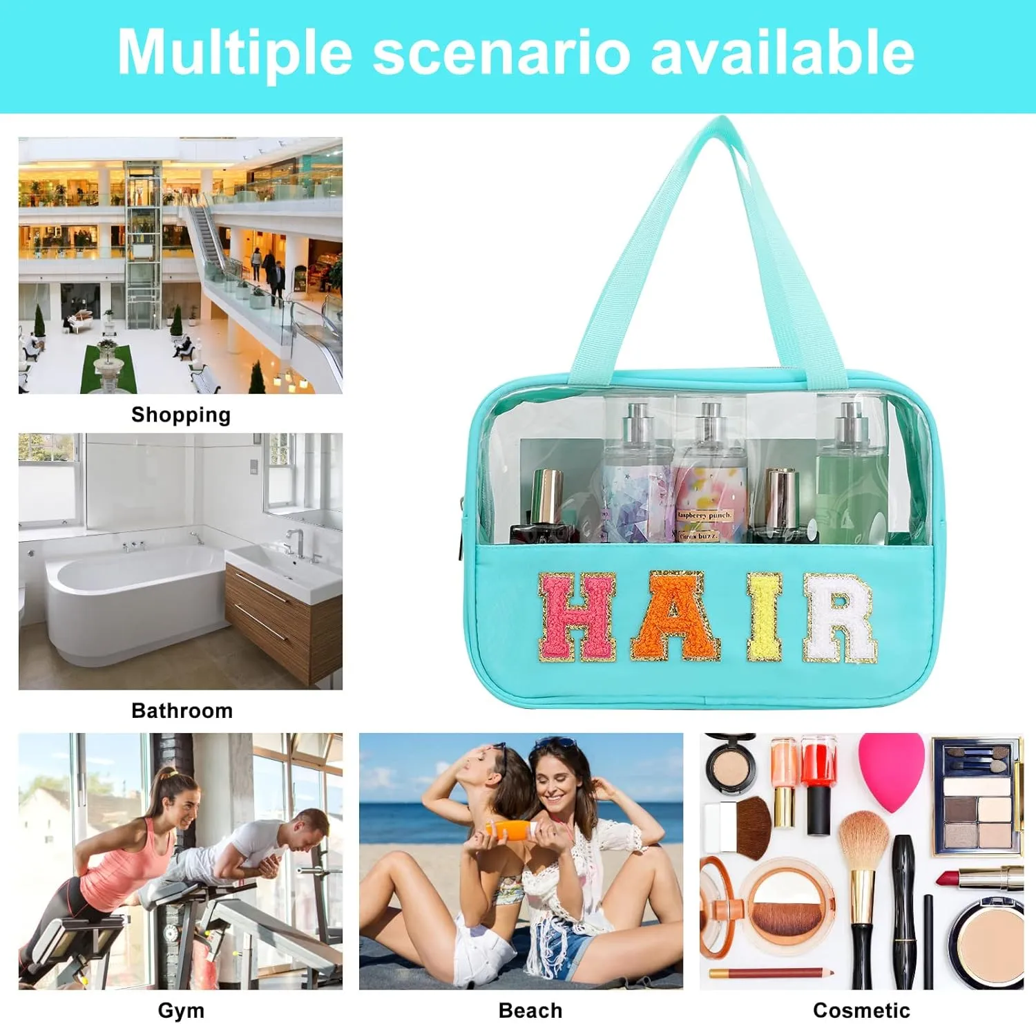 Chenille Letter Patch Clear Bag,Preppy Multi-purpose PVC&Nylon Clear Makeup Bag with Handles,Large Travel Makeup Toiletry Storage Zipper Pouch, Tote Bag for Women (Mint-HAIR)