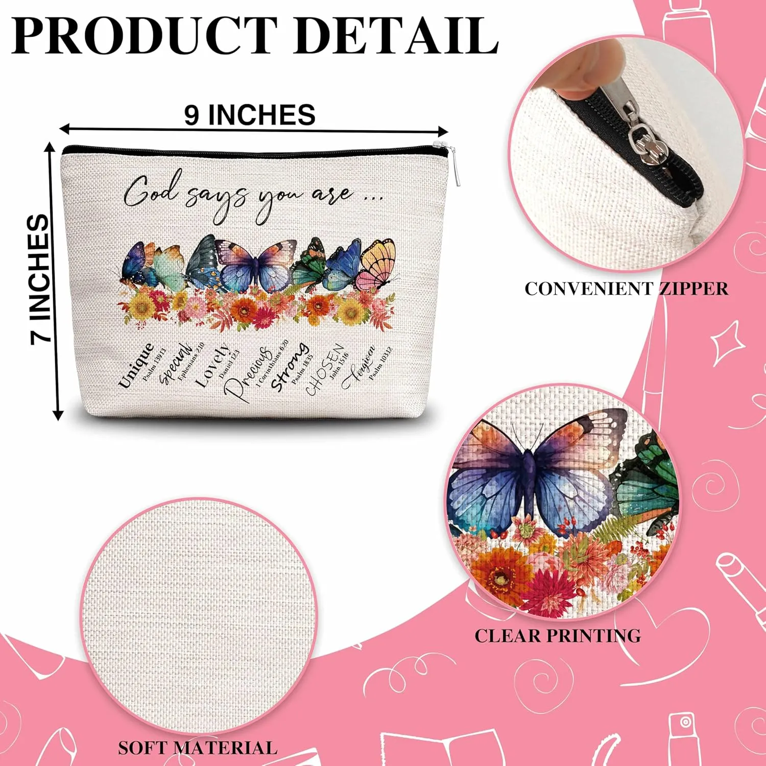 Christian Gifts Makeup Bag For Woman, Inspirational Cosmetic Bag, God Says You Are Bible Bag For Woman, Butterfly Makeup Zipper Bag, Birthday Gifts For Family Friends Sister BFF, A18