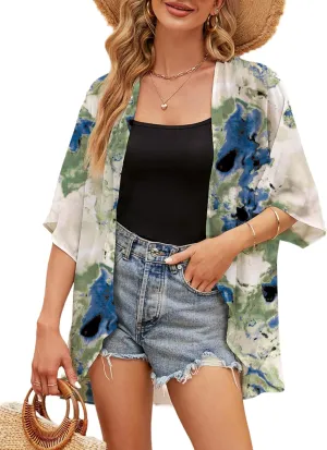 Chunoy Women Chiffon Kimono Cardigan Short Sleeve Open Front Tops Beach Wear Cover Up