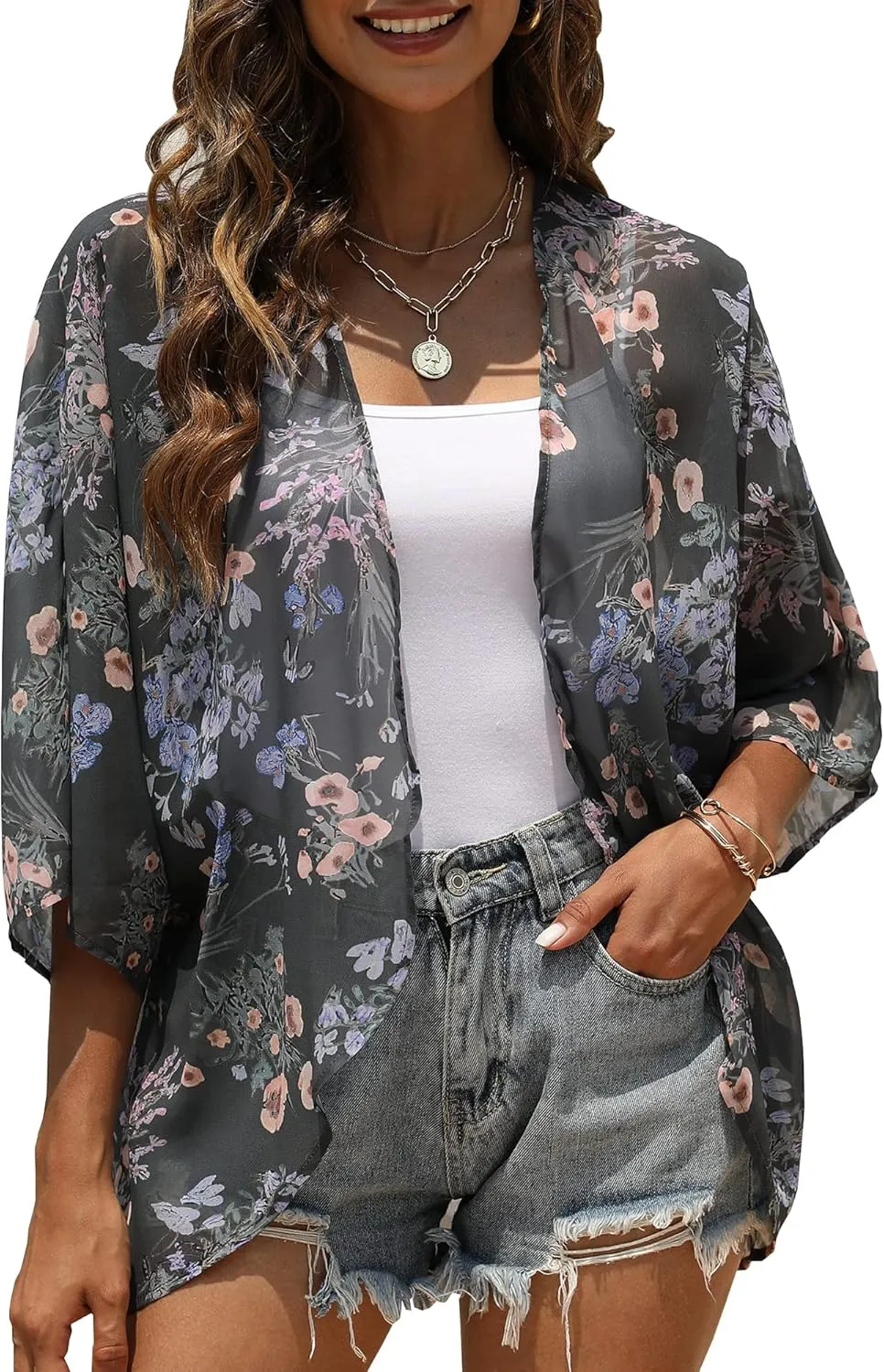 Chunoy Women Chiffon Kimono Cardigan Short Sleeve Open Front Tops Beach Wear Cover Up