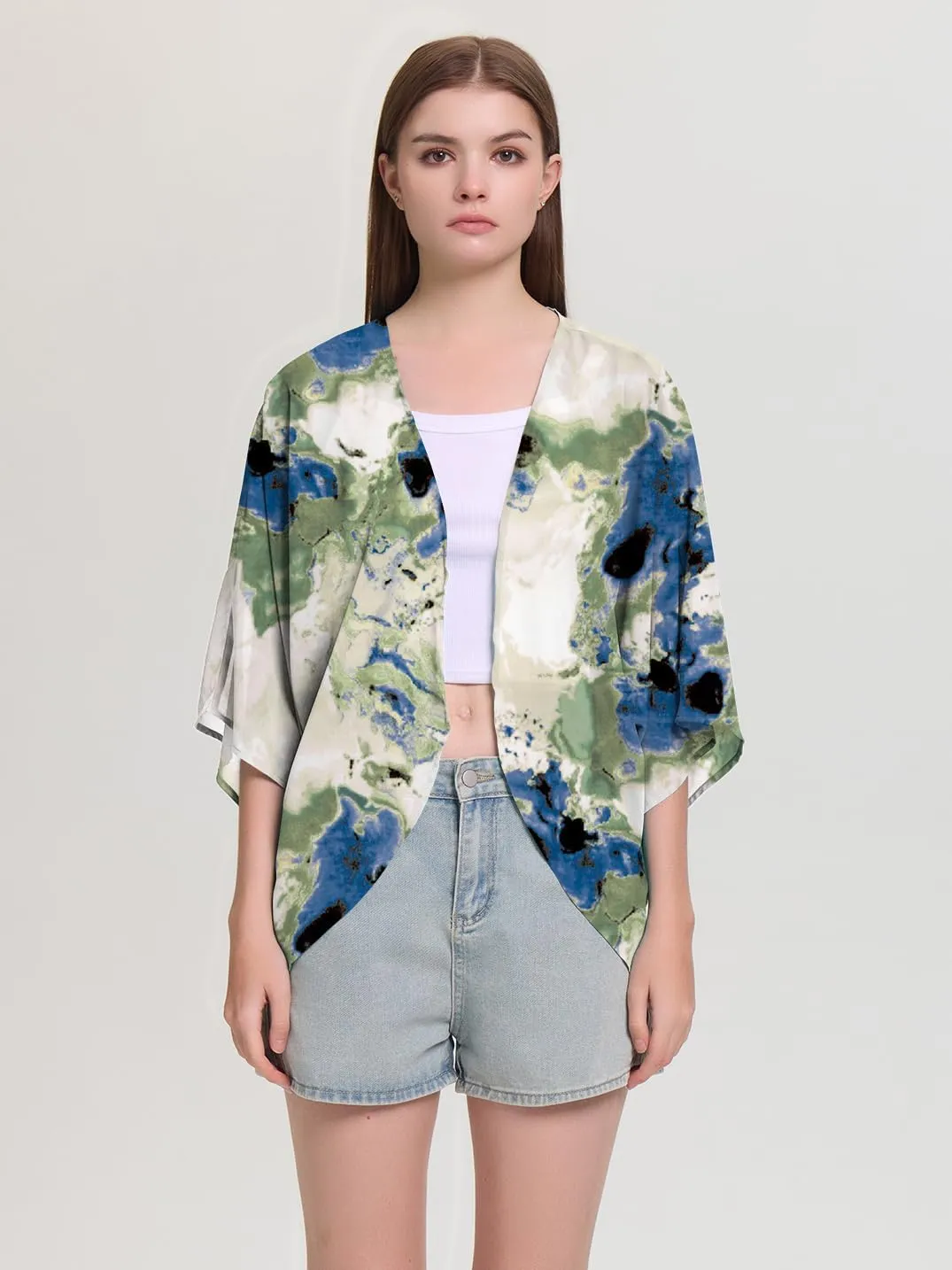 Chunoy Women Chiffon Kimono Cardigan Short Sleeve Open Front Tops Beach Wear Cover Up