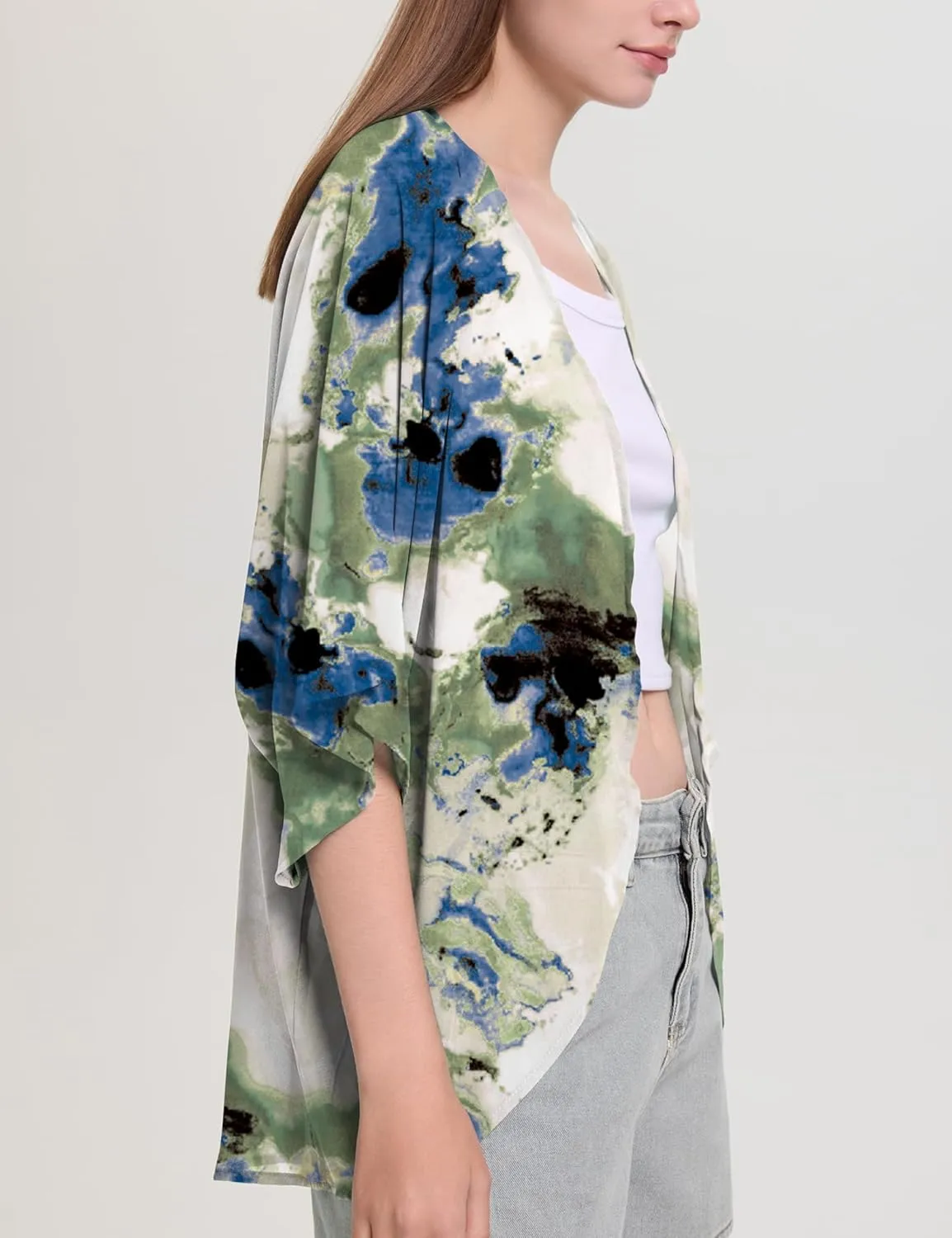 Chunoy Women Chiffon Kimono Cardigan Short Sleeve Open Front Tops Beach Wear Cover Up