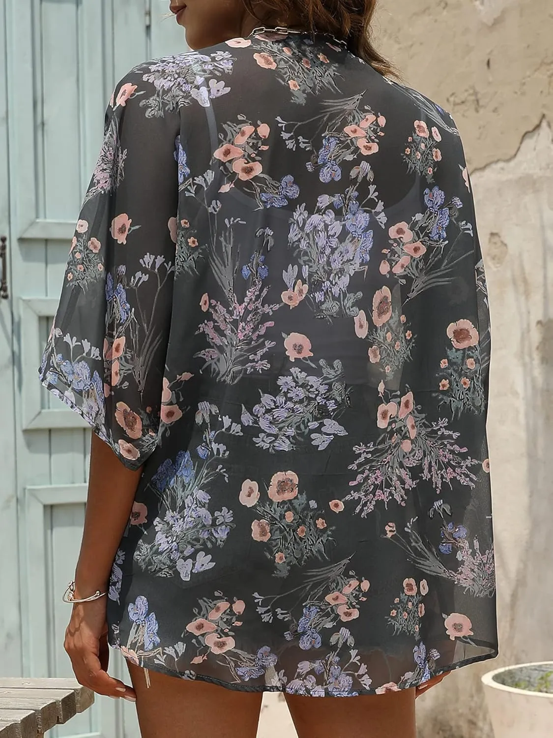 Chunoy Women Chiffon Kimono Cardigan Short Sleeve Open Front Tops Beach Wear Cover Up