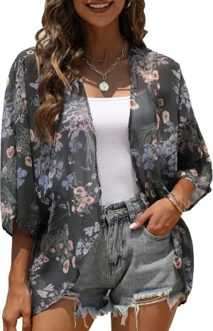 Chunoy Women Chiffon Kimono Cardigan Short Sleeve Open Front Tops Beach Wear Cover Up