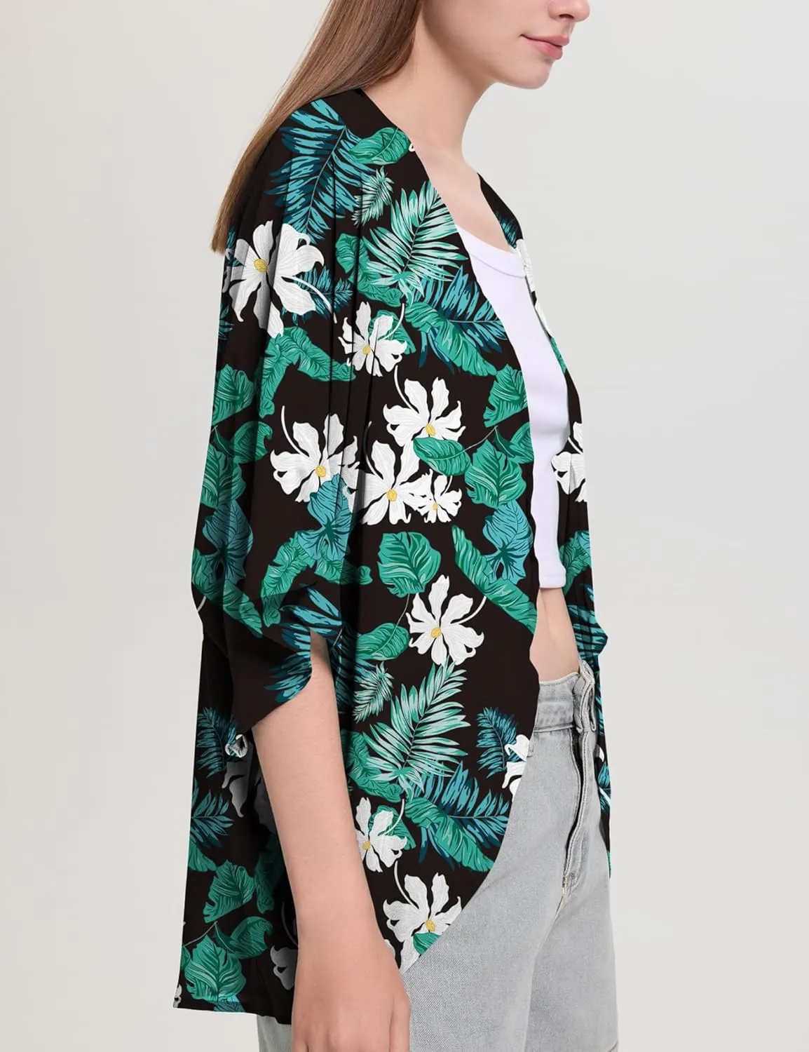 Chunoy Women Chiffon Kimono Cardigan Short Sleeve Open Front Tops Beach Wear Cover Up