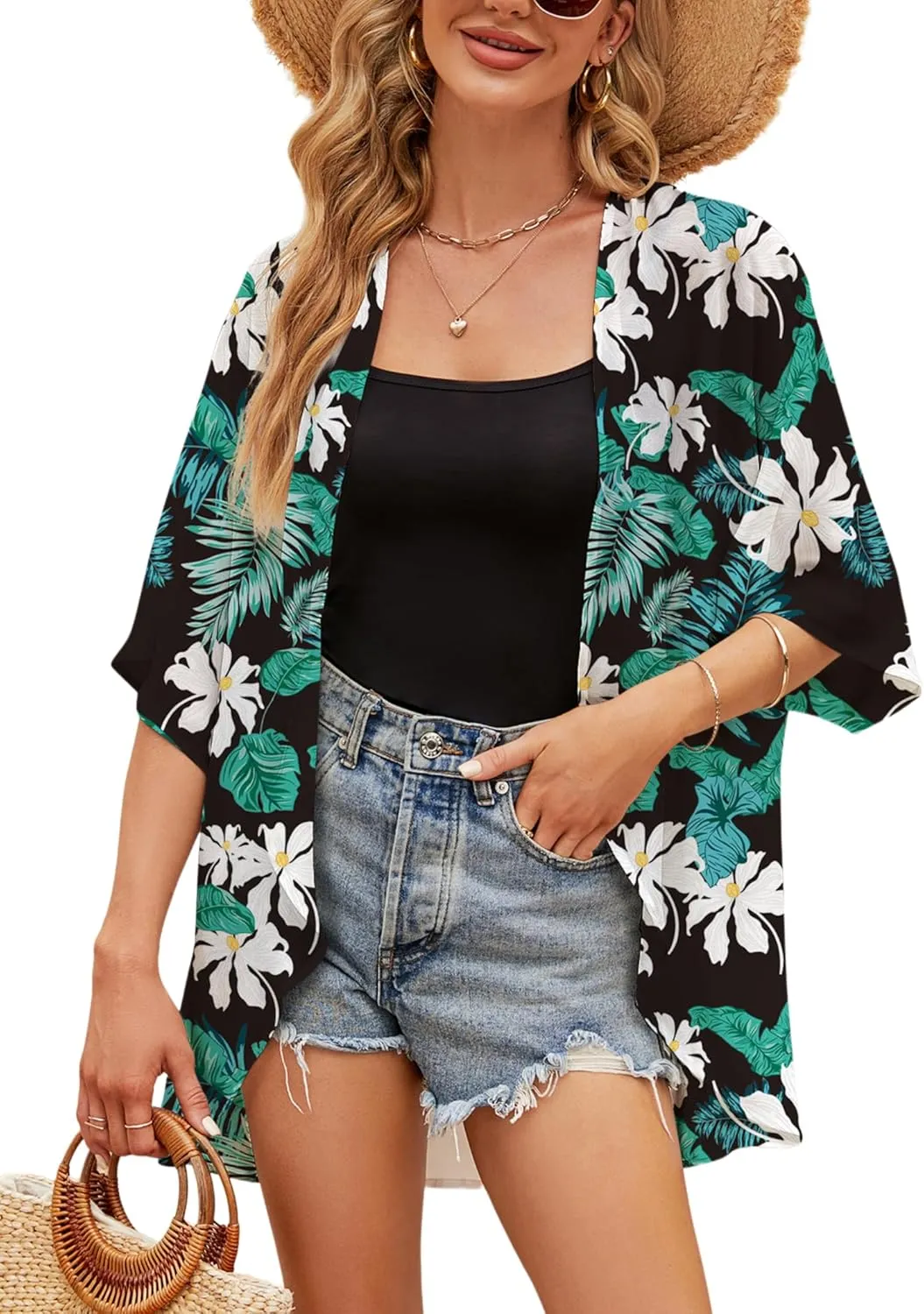 Chunoy Women Chiffon Kimono Cardigan Short Sleeve Open Front Tops Beach Wear Cover Up
