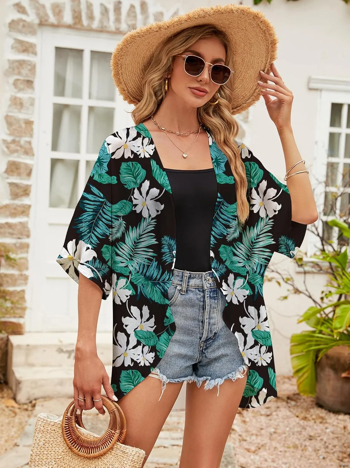 Chunoy Women Chiffon Kimono Cardigan Short Sleeve Open Front Tops Beach Wear Cover Up