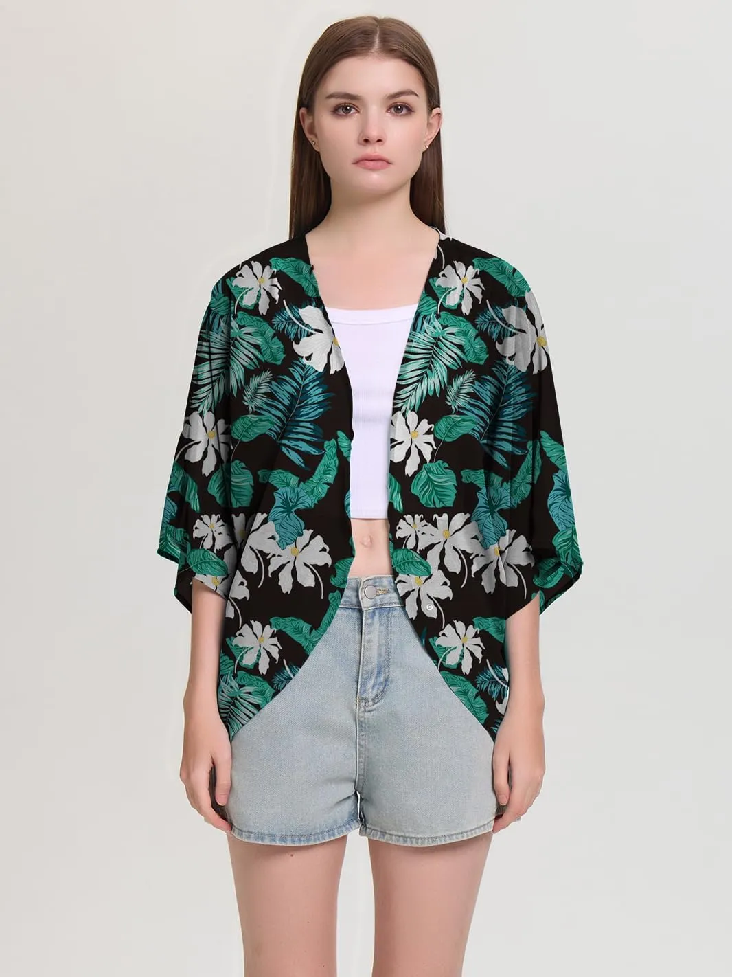 Chunoy Women Chiffon Kimono Cardigan Short Sleeve Open Front Tops Beach Wear Cover Up