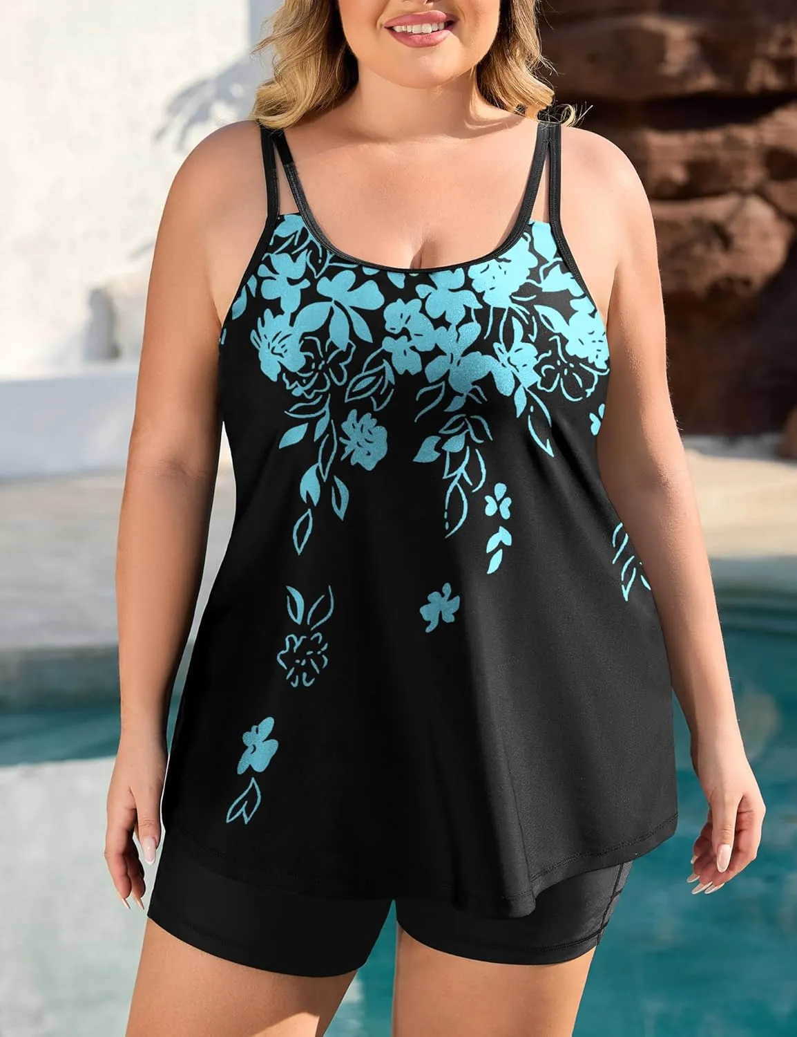 COOTRY Womens 2025 Plus Size Tankini Swimsuits Two Piece Bathing Suits Flowy Swimwear Swim Tank Top with Boyshorts
