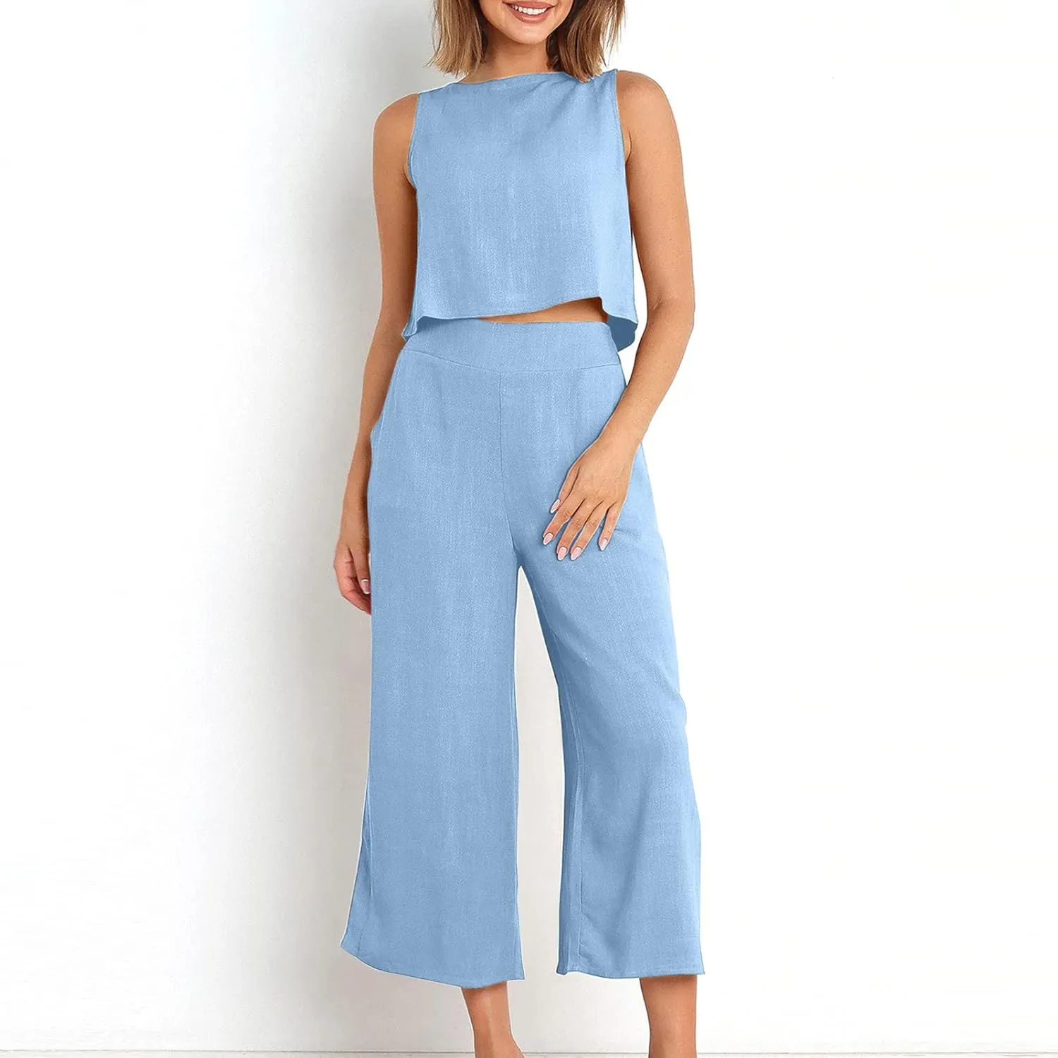 Cotton Linen 2 Piece Set for Women Summer Outfits Sexy Crop Tank Top Sleeveless Shirt and Wide Leg Pants with Pockets
