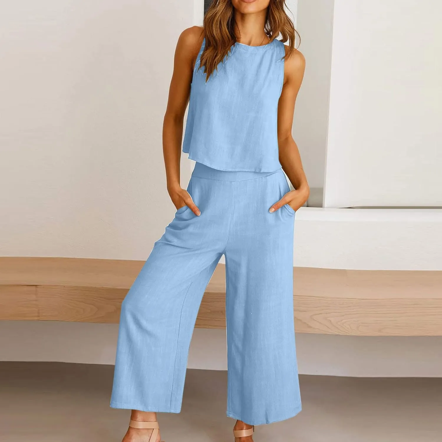 Cotton Linen 2 Piece Set for Women Summer Outfits Sexy Crop Tank Top Sleeveless Shirt and Wide Leg Pants with Pockets