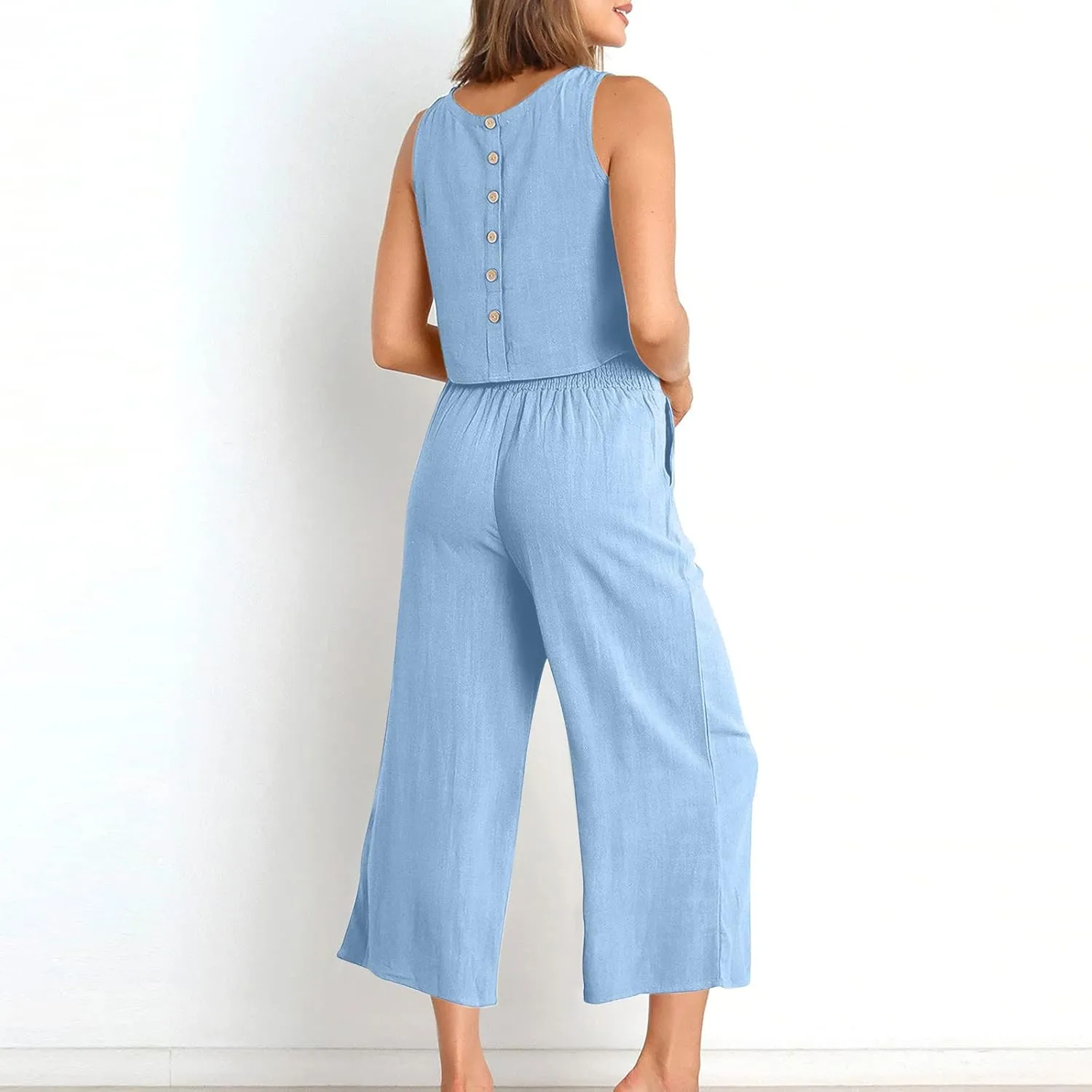 Cotton Linen 2 Piece Set for Women Summer Outfits Sexy Crop Tank Top Sleeveless Shirt and Wide Leg Pants with Pockets