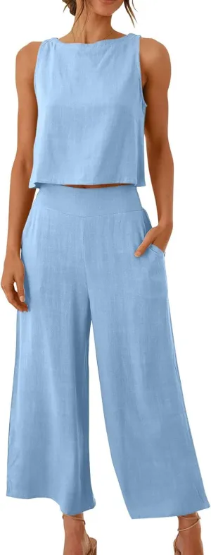 Cotton Linen 2 Piece Set for Women Summer Outfits Sexy Crop Tank Top Sleeveless Shirt and Wide Leg Pants with Pockets
