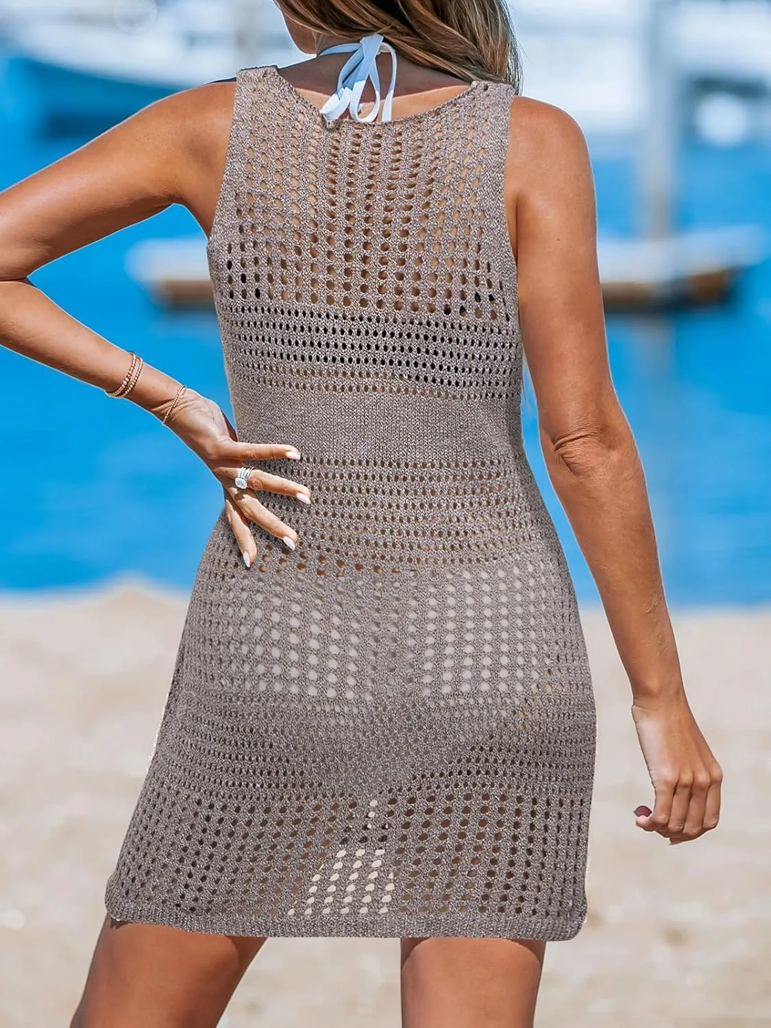 CUPSHE Women Swimsuit Crochet Sleeveless Cover Ups Summer Hollow Out Knit Bathing Suit Beach Coverup Dress