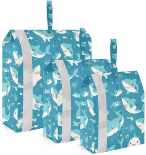 Cute Cartoon Blue Sharks 3 Set Packing Travel Bags Waterproof Garment Bag Closet Storage Saver Travel Bags Travel Accessory