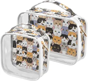 Cute Cats 2 Pieces Clear Makeup Cosmetic Toiletry Bags for Women Men PVC Waterproof Portable Travel Storage Carry Pouch with Gold Zippers Organizer Case for Vacation Organizing Traveling Bathroom