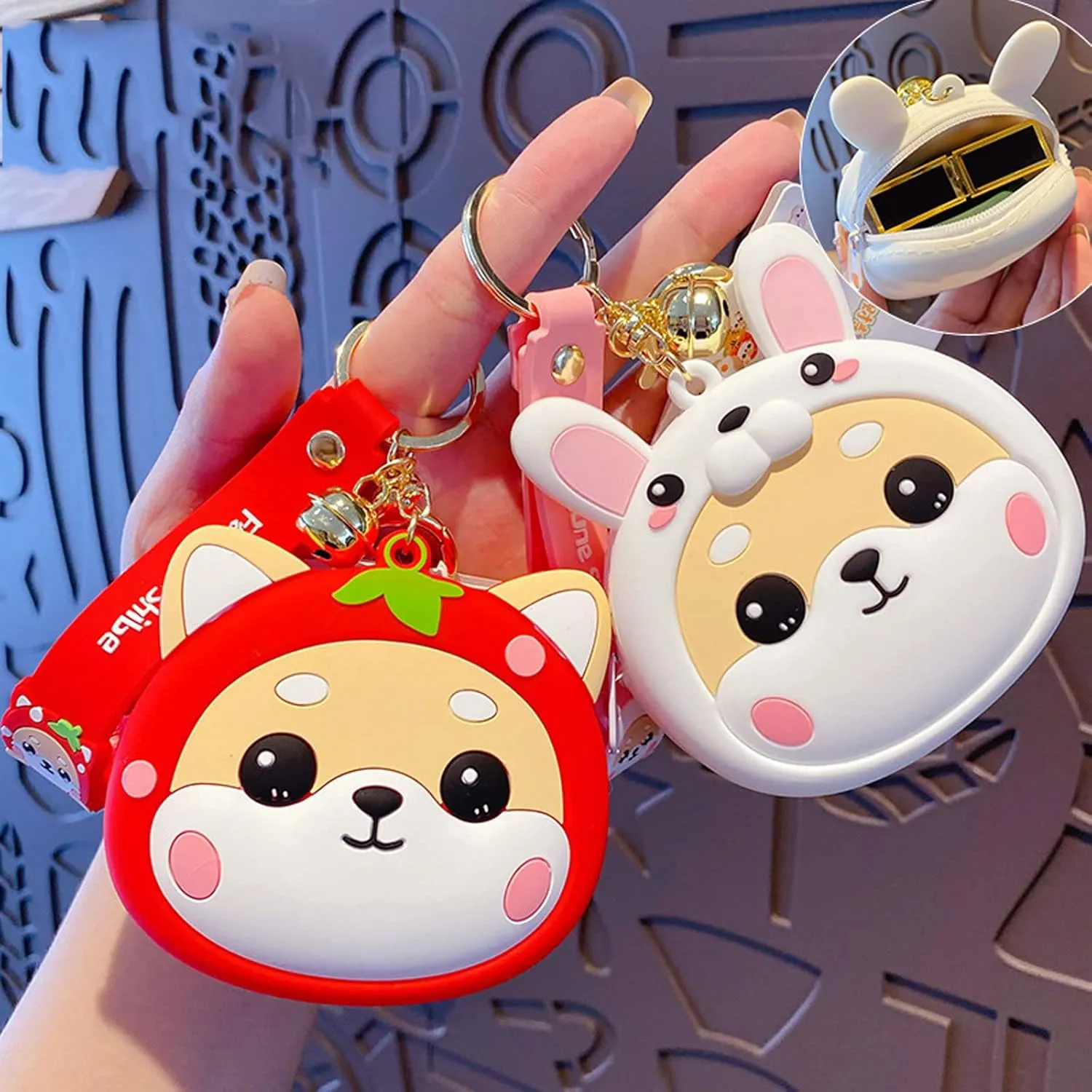 Cute Coin Purse Wristlet Keychain, Silicone Shiba Inu Wallet Key Handbag Accessories Keyring for Kids Girls Women
