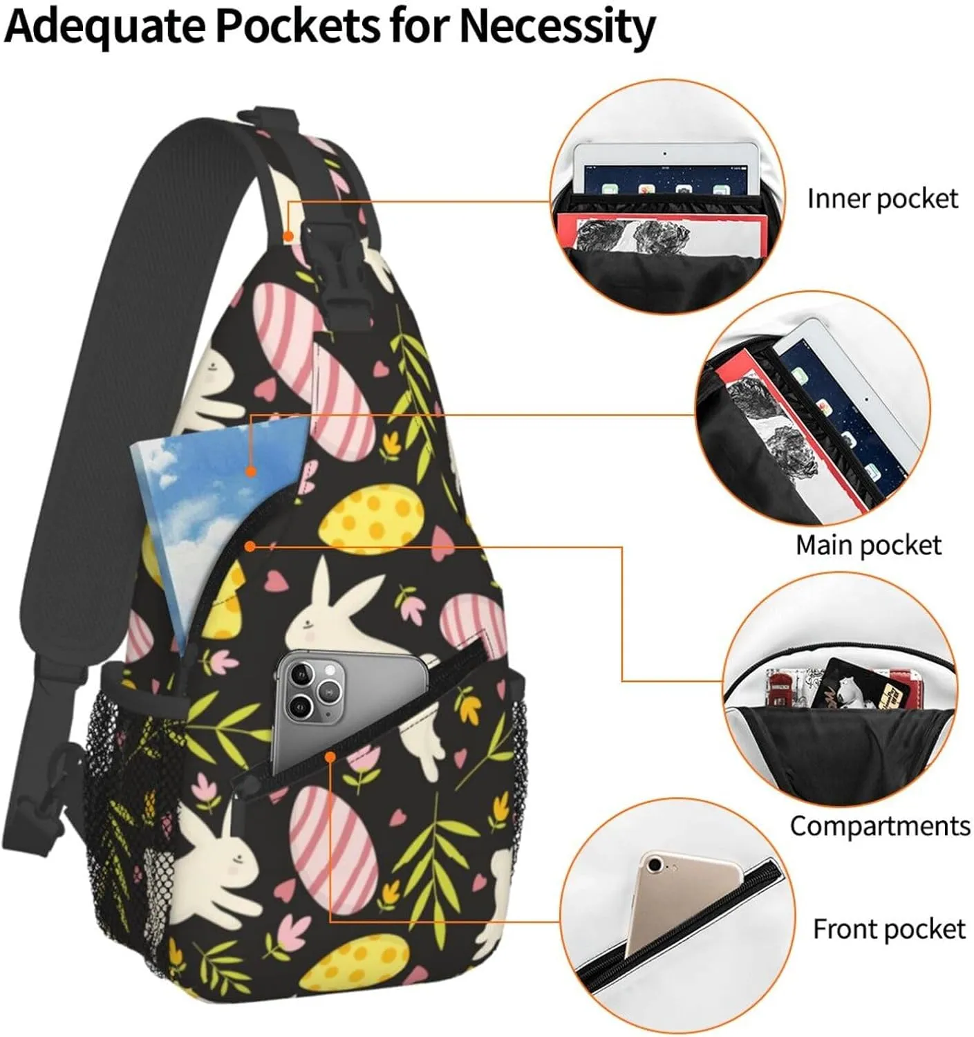 Cute Easter Bunny Sling Bag for Women Men Large Crossbody Bags Work Laptop Backpack Handbags