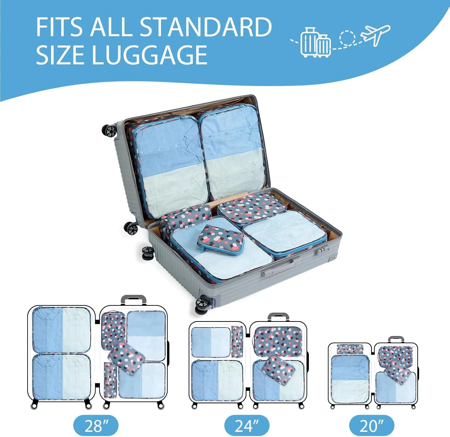 DIMJ Packing Cubes for Travel - 8 Pcs Travel Cubes for Suitcase Lightweight Travel Essential Bag with Large Toiletries Bag for Clothes Shoes Cosmetics Toiletries (Blue Flower)