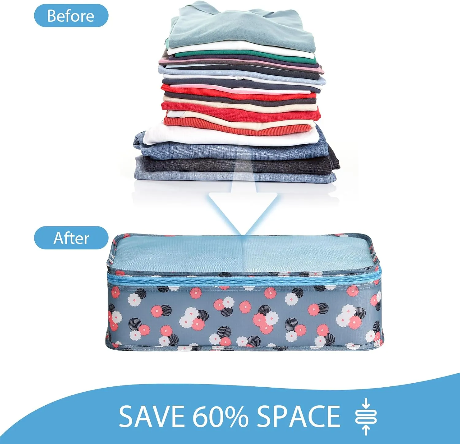 DIMJ Packing Cubes for Travel - 8 Pcs Travel Cubes for Suitcase Lightweight Travel Essential Bag with Large Toiletries Bag for Clothes Shoes Cosmetics Toiletries (Blue Flower)