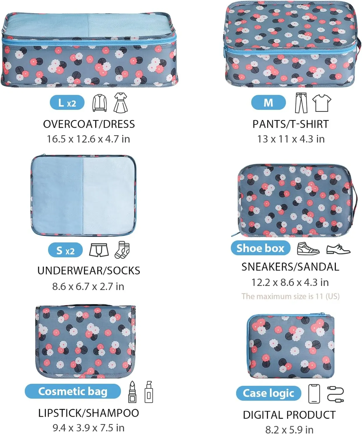 DIMJ Packing Cubes for Travel - 8 Pcs Travel Cubes for Suitcase Lightweight Travel Essential Bag with Large Toiletries Bag for Clothes Shoes Cosmetics Toiletries (Blue Flower)