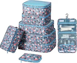 DIMJ Packing Cubes for Travel - 8 Pcs Travel Cubes for Suitcase Lightweight Travel Essential Bag with Large Toiletries Bag for Clothes Shoes Cosmetics Toiletries (Blue Flower)