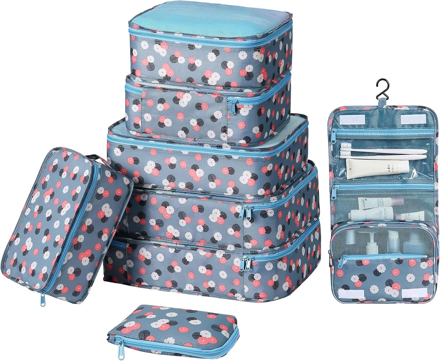DIMJ Packing Cubes for Travel - 8 Pcs Travel Cubes for Suitcase Lightweight Travel Essential Bag with Large Toiletries Bag for Clothes Shoes Cosmetics Toiletries (Blue Flower)