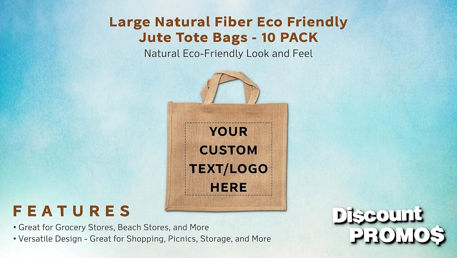 DISCOUNT PROMOS 10 Large Jute Tote Bags Set - Customizable Text, Logo - Sturdy, Recyclable, Reusable, Simple - Natural