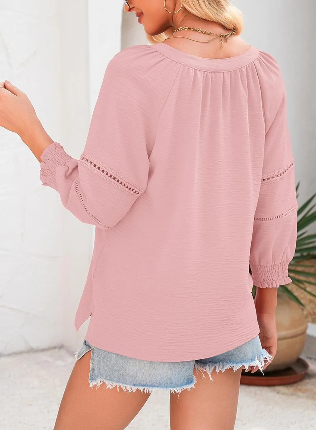Dokotoo Womens Summer Tops 3/4 Lantern Sleeve Casual V-Neck T-Shirts Pleated Loose Tunic Hollow-Out Blouse