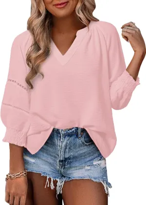 Dokotoo Womens Summer Tops 3/4 Lantern Sleeve Casual V-Neck T-Shirts Pleated Loose Tunic Hollow-Out Blouse