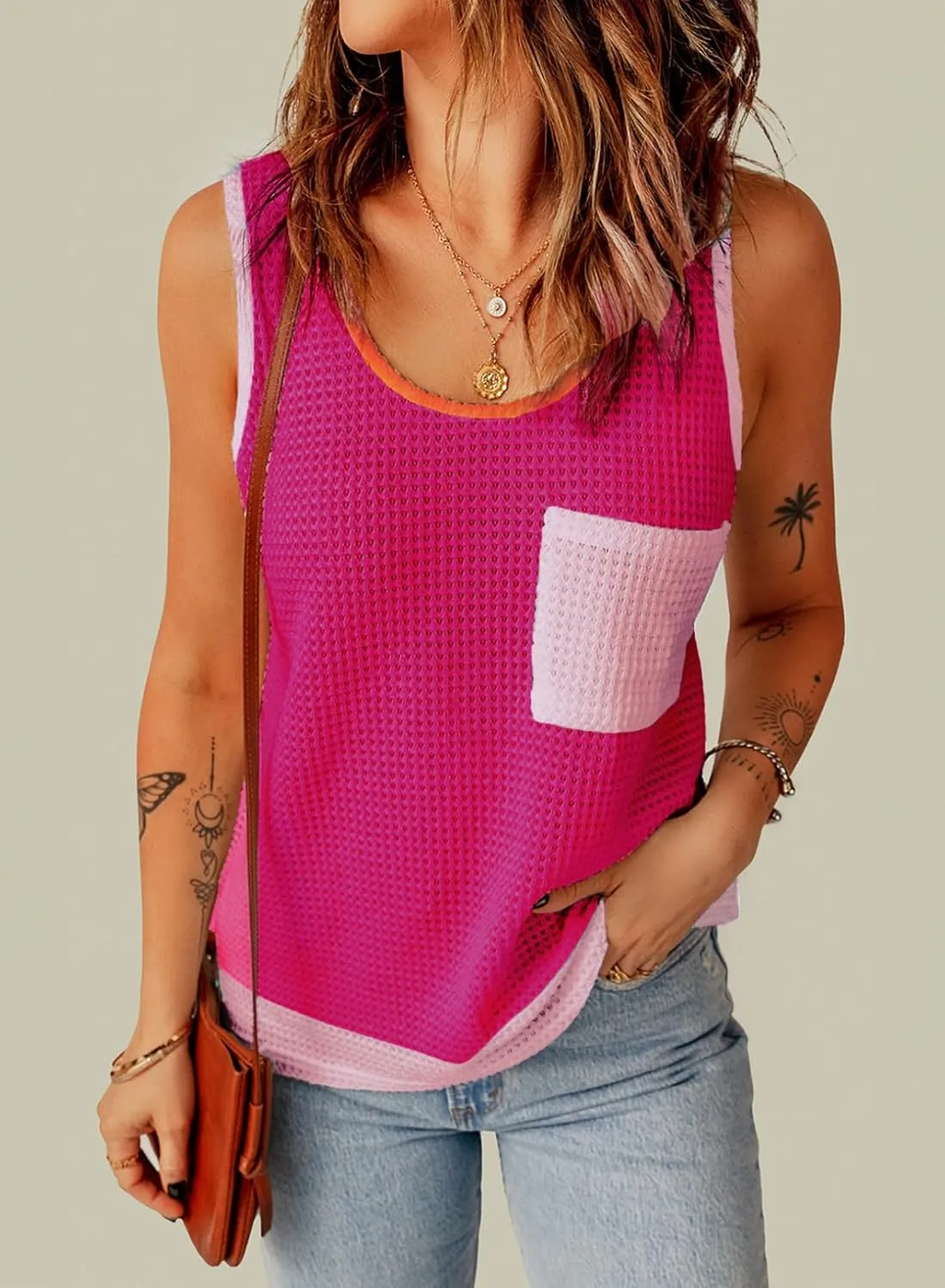 Dokotoo Womens Tank Tops Summer Waffle Knit Casual Crewneck Sleeveless Color Block Blouses Tops with Pockets