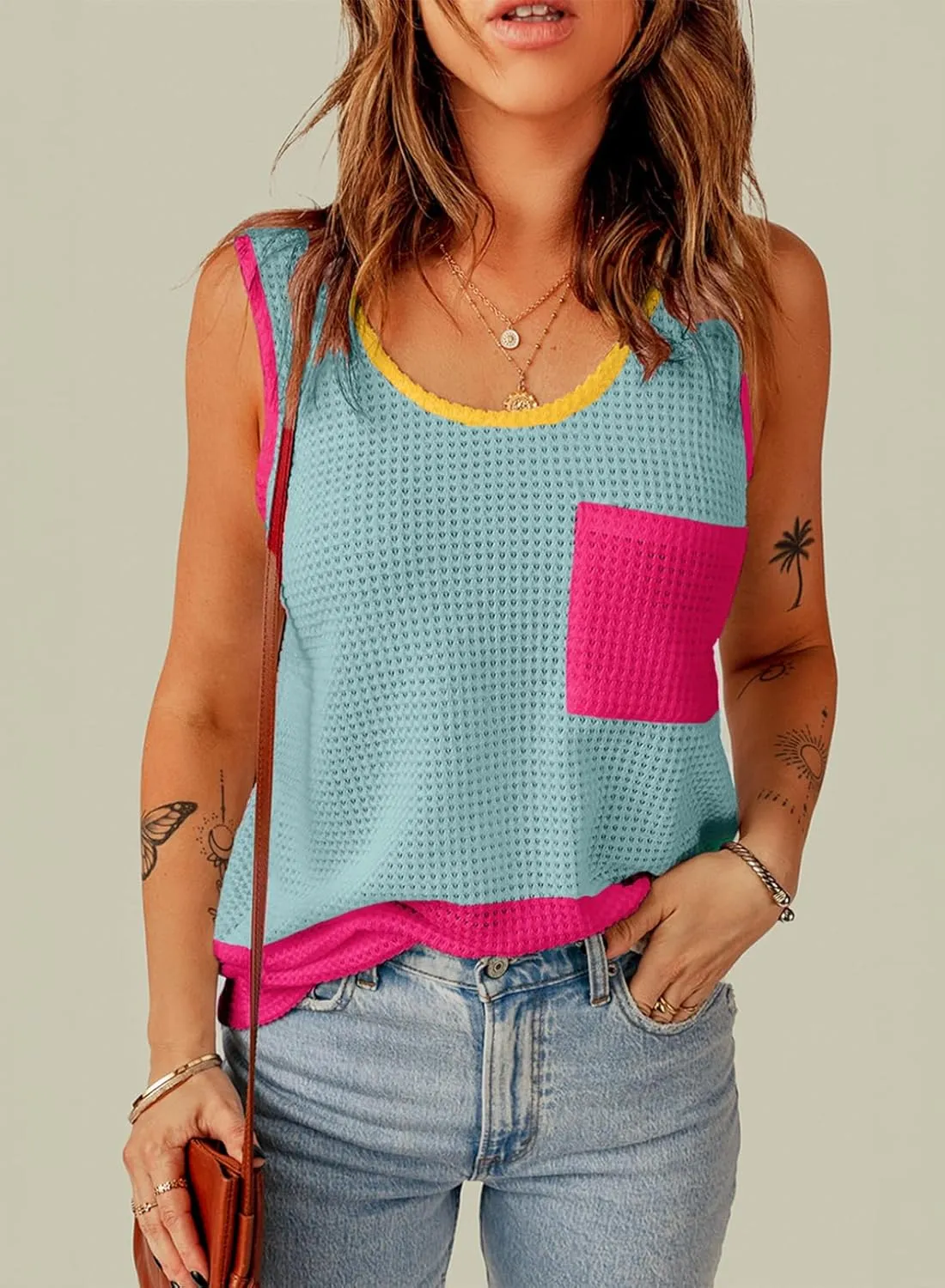Dokotoo Womens Tank Tops Summer Waffle Knit Casual Crewneck Sleeveless Color Block Blouses Tops with Pockets