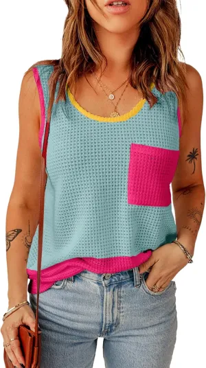 Dokotoo Womens Tank Tops Summer Waffle Knit Casual Crewneck Sleeveless Color Block Blouses Tops with Pockets