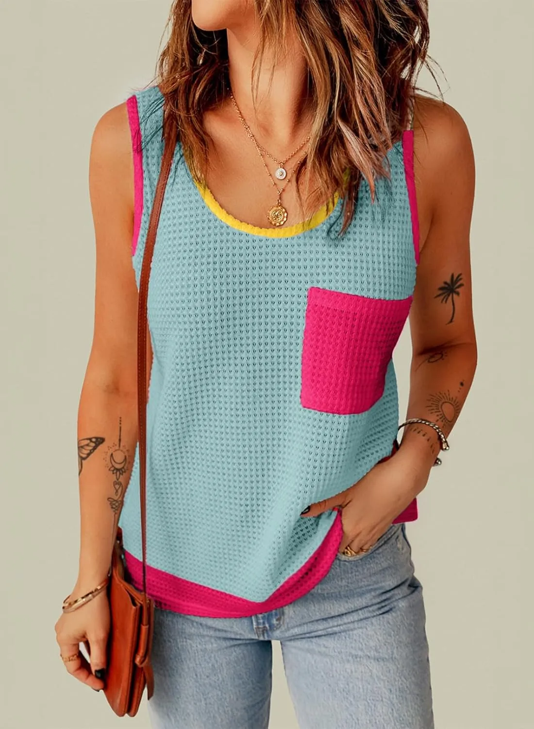 Dokotoo Womens Tank Tops Summer Waffle Knit Casual Crewneck Sleeveless Color Block Blouses Tops with Pockets