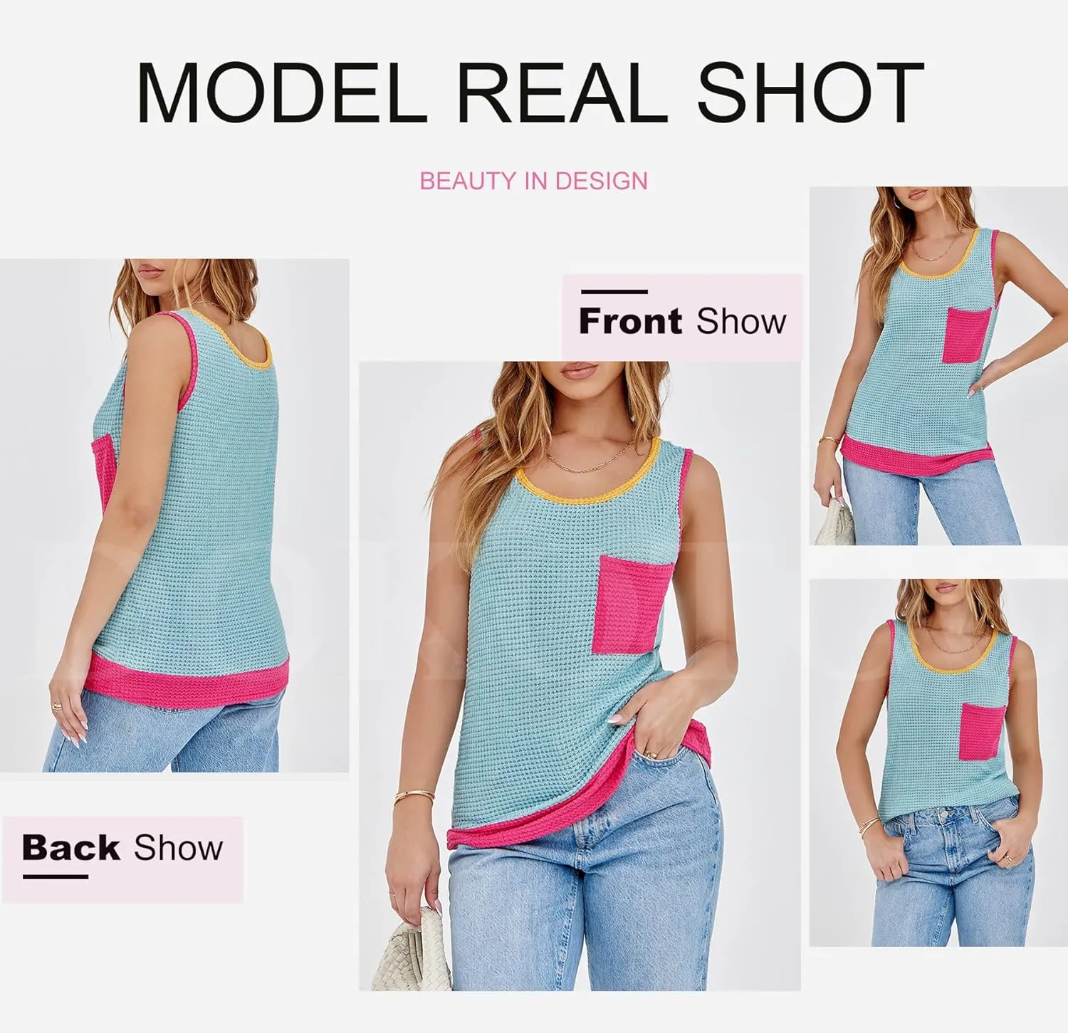 Dokotoo Womens Tank Tops Summer Waffle Knit Casual Crewneck Sleeveless Color Block Blouses Tops with Pockets