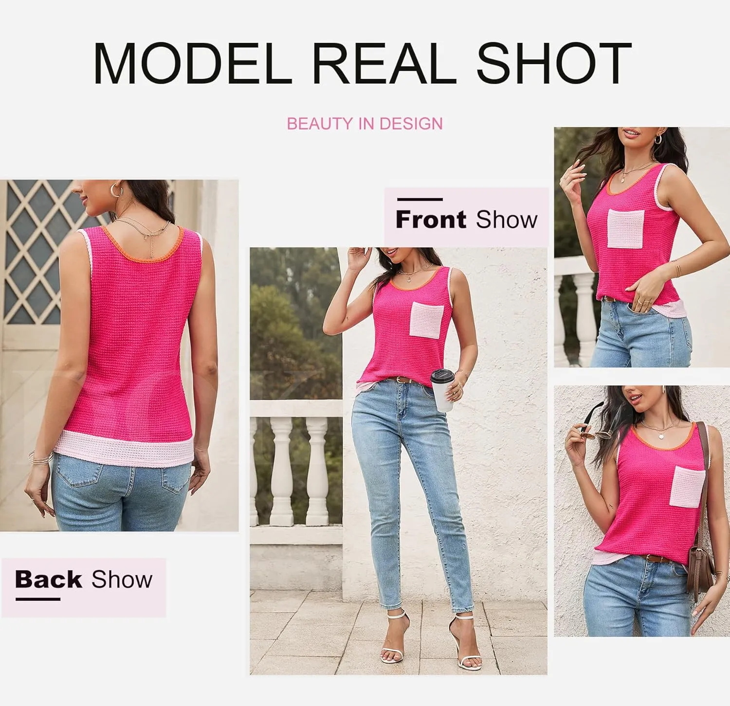 Dokotoo Womens Tank Tops Summer Waffle Knit Casual Crewneck Sleeveless Color Block Blouses Tops with Pockets