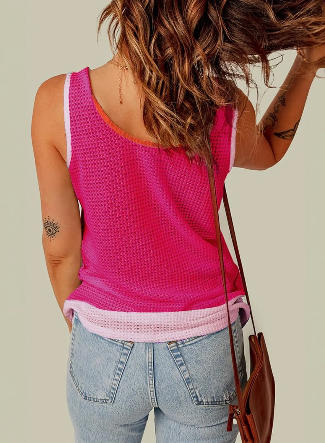 Dokotoo Womens Tank Tops Summer Waffle Knit Casual Crewneck Sleeveless Color Block Blouses Tops with Pockets