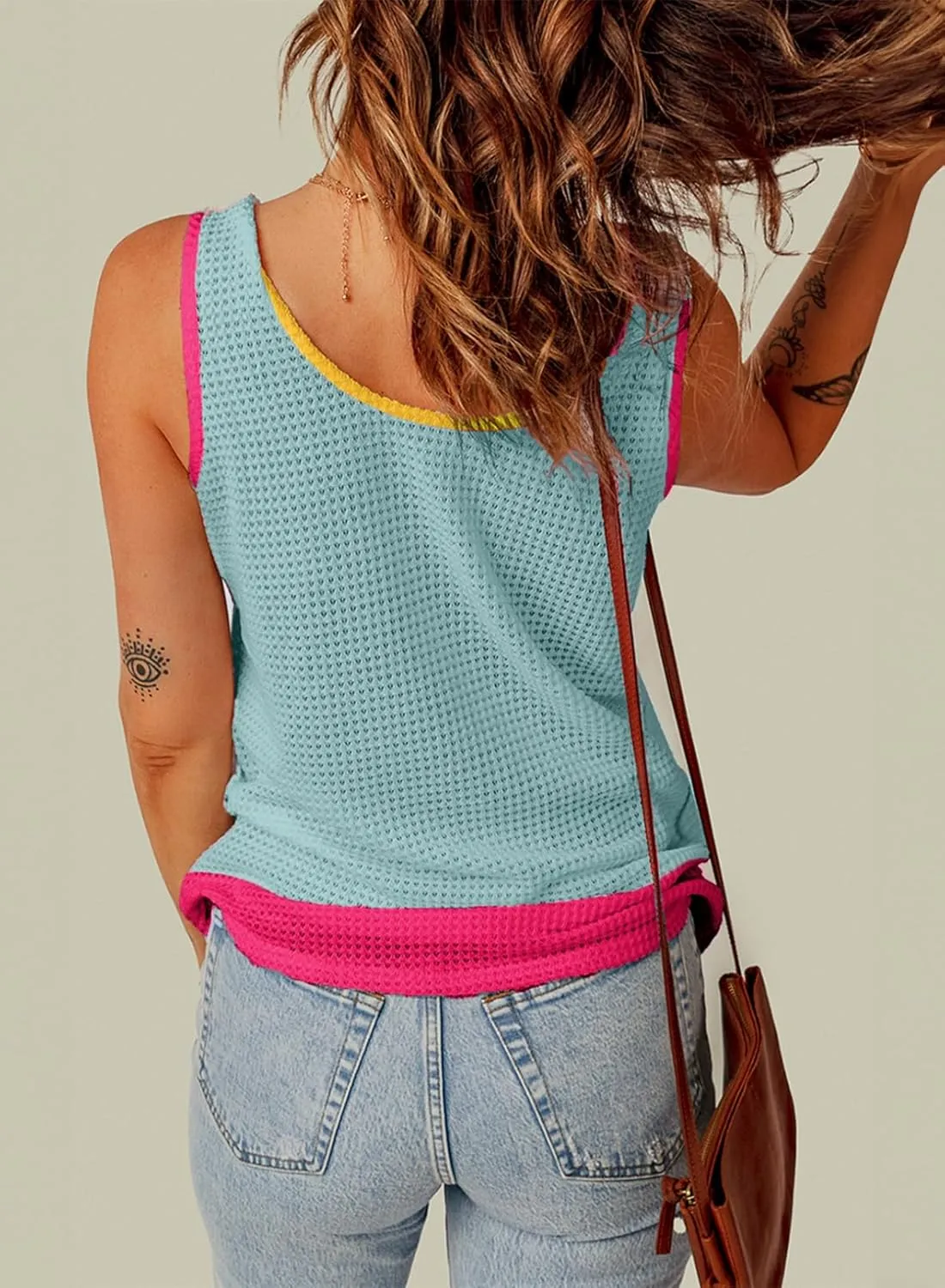 Dokotoo Womens Tank Tops Summer Waffle Knit Casual Crewneck Sleeveless Color Block Blouses Tops with Pockets