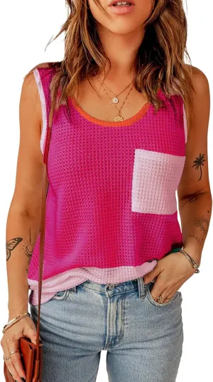 Dokotoo Womens Tank Tops Summer Waffle Knit Casual Crewneck Sleeveless Color Block Blouses Tops with Pockets