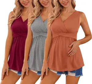 Ekouaer Women's Maternity Tank Tops 3 Packs Sleeveless Nursing Tops V Neck Breastfeeding Shirts Pregnancy Clothes