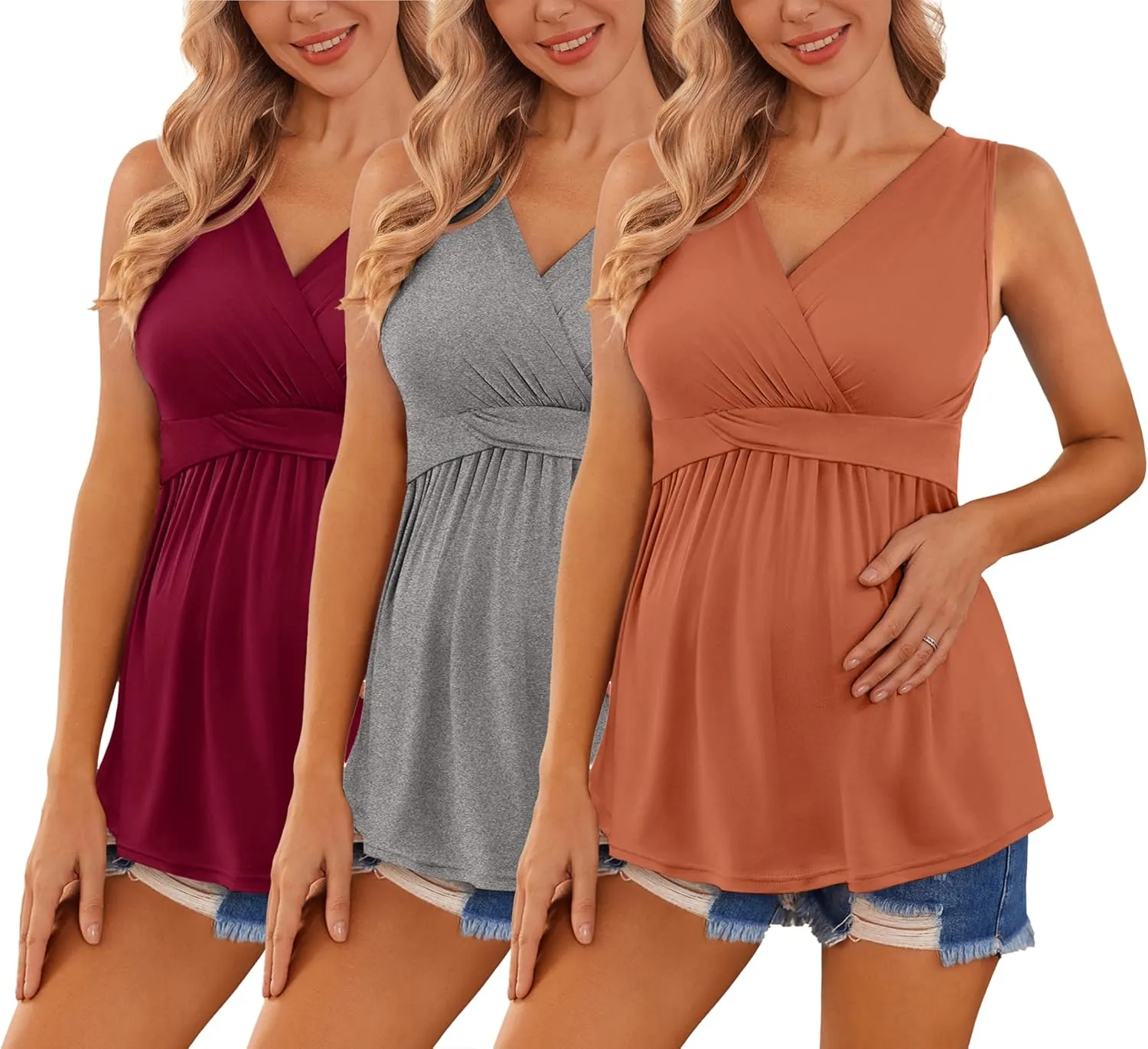 Ekouaer Women's Maternity Tank Tops 3 Packs Sleeveless Nursing Tops V Neck Breastfeeding Shirts Pregnancy Clothes