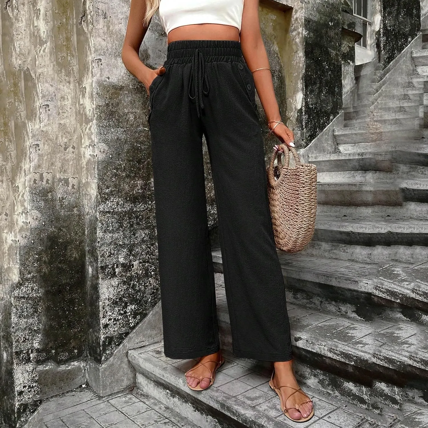 Elastic High Waisted Loose Pants Woman Relaxed Fit Baggy Clothes Black Demin Pants High Women Cargo Pants with