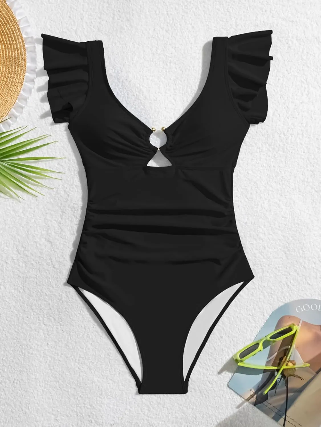 Eomenie Women's One Piece Swimsuit Tummy Control Bathing Suit Cutout Ruffle Slimming Swim Suit