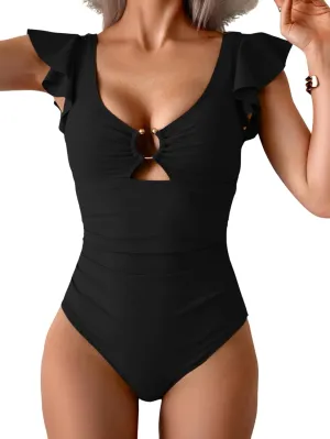 Eomenie Women's One Piece Swimsuit Tummy Control Bathing Suit Cutout Ruffle Slimming Swim Suit