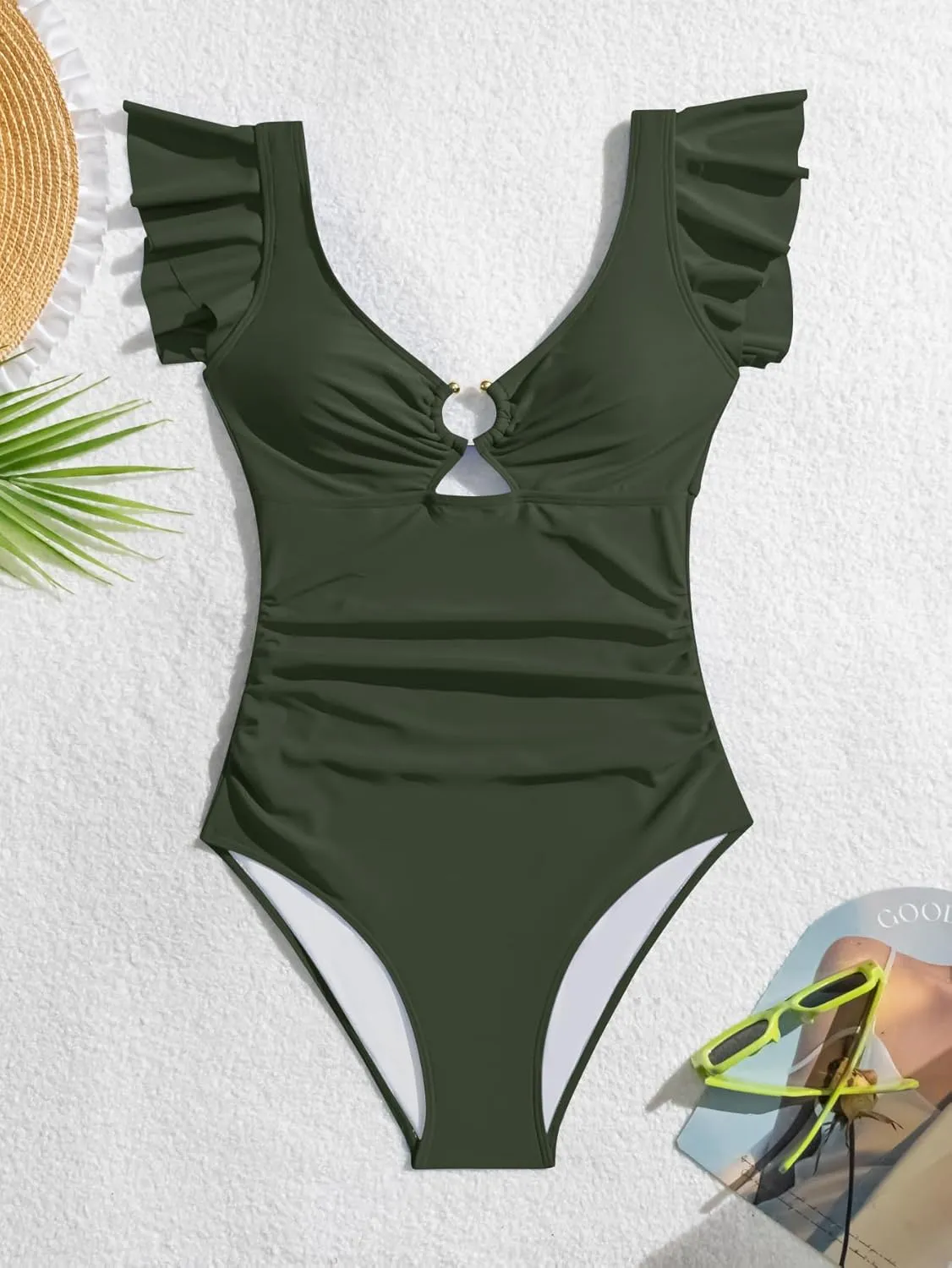 Eomenie Women's One Piece Swimsuit Tummy Control Bathing Suit Cutout Ruffle Slimming Swim Suit