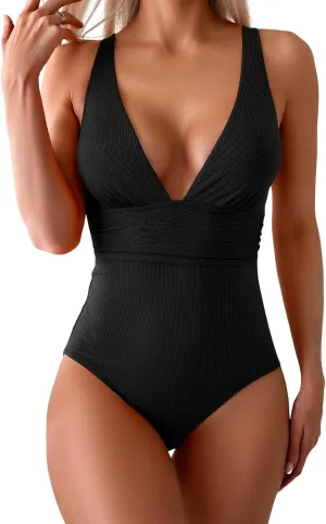 Eomenie Women's One Piece Swimsuit Tummy Control Bathing Suit V Neck Slimming 1 Piece Swimwear
